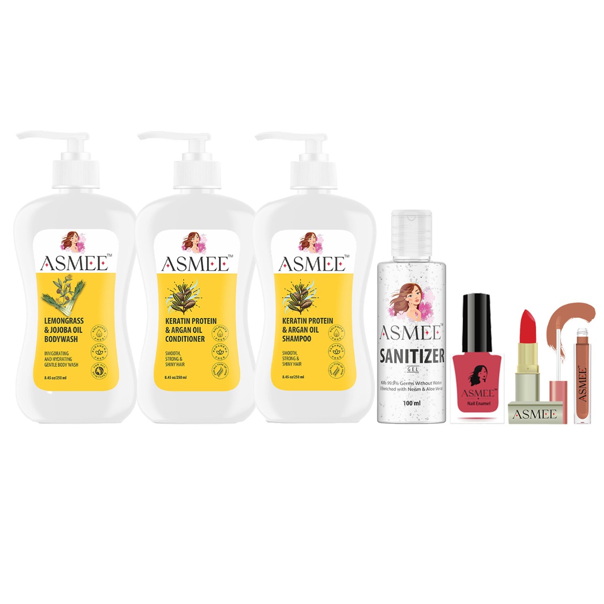 Asmee Cosmetic Hamper - Shampoo + Conditioner + Bodywash + Nail Polish + Lipstick + Sanitizer