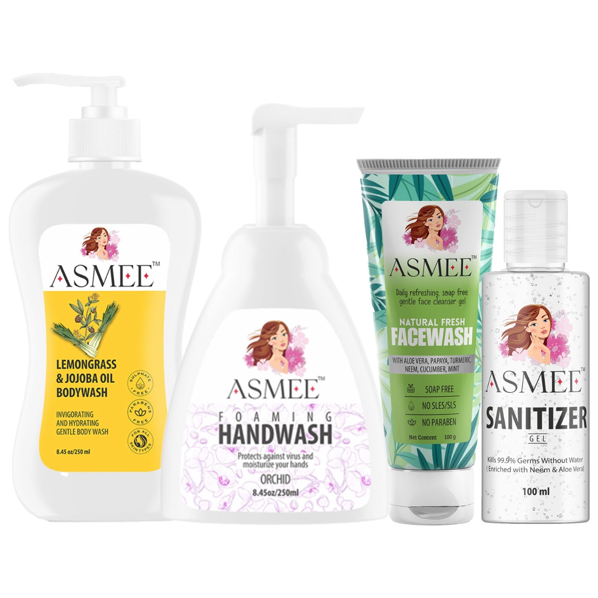 Asmee Cosmetic Hamper - Bodywash + Handwash + Facewash + Sanitizer