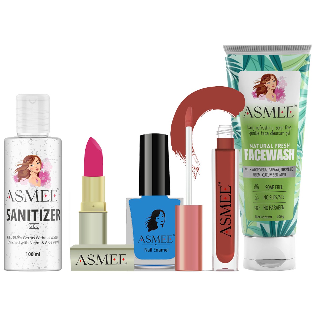 Asmee Cosmetic Hamper - Facewash + Nail polish + Lipstick + Sanitizer