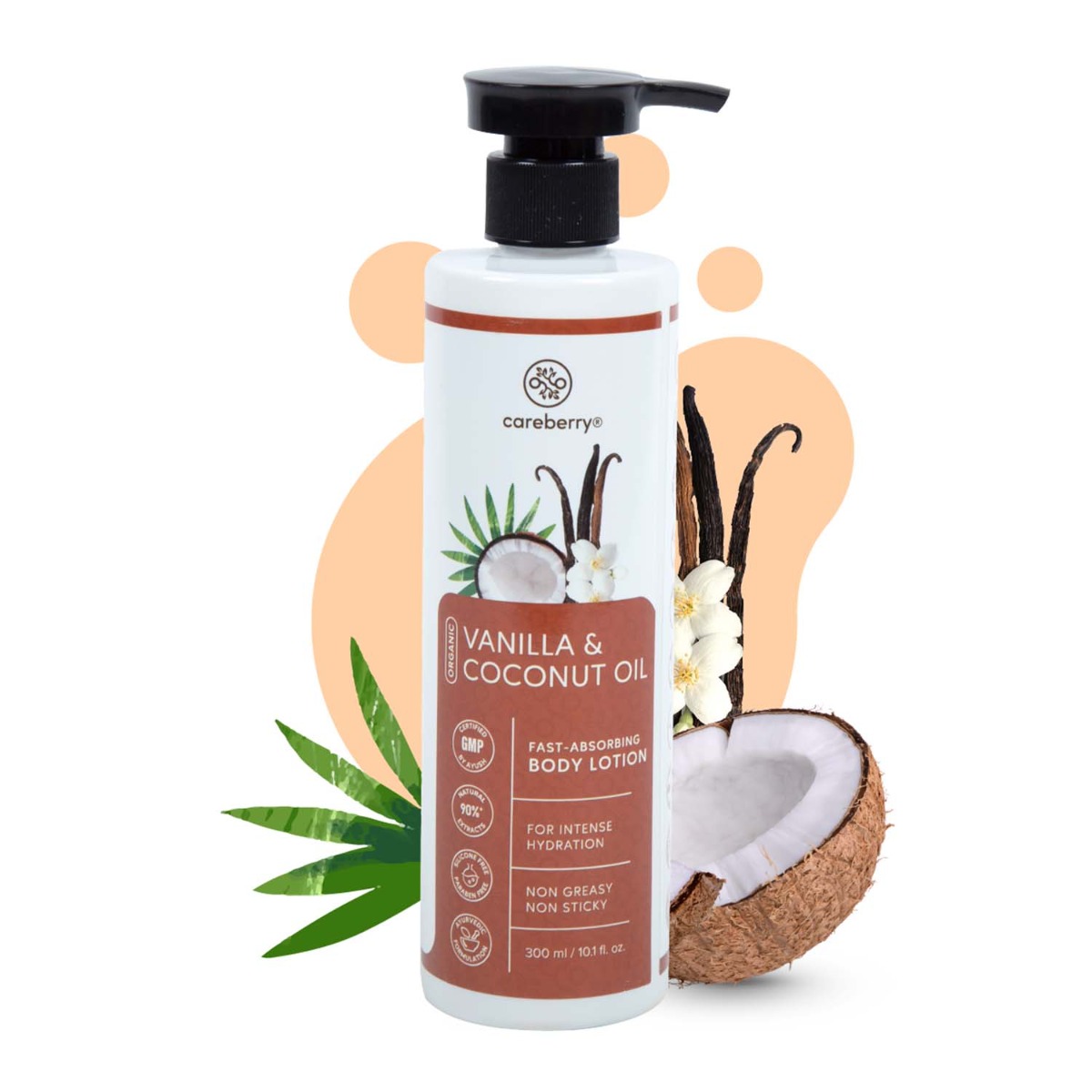 Careberry Organic Vanilla & Extra Virgin Coconut Oil Ultra Moisture Fast-Absorbing Body Lotion, 300ml