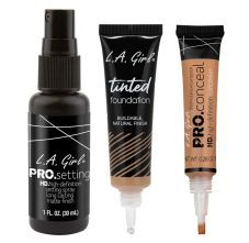 L.A. Girl Tinted Foundation - Tan 30ml, HD Pro Conceal 8gm-Almond & Pro Setting HD Matte Finish Spray 30ml