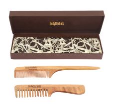BodyHerbals Anti Static Handmade 100 % Natural Neem Wood Comb Set, Handle Rake And Tail Combs, Combo