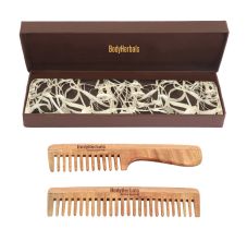 BodyHerbals Anti Static Handmade 100 % Natural Neem Wood Comb Set Of Handle Rake And Wide Tooth Comb, Combo