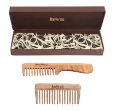 BodyHerbals Anti Static Handmade 100 % Natural Neem Wood Comb Set, Wide Tooth Travel And Rake Comb, Combo