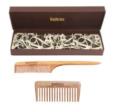 BodyHerbals Anti Static Handmade 100 % Natural Neem Wood Comb Set, Wide Tooth Comb & Tail Comb, Combo