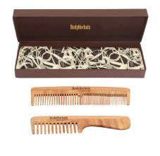 BodyHerbals Anti Static Handmade 100 % Natural Neem Wood Comb Set of Handle Rake And Double Tooth Comb