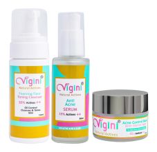 Vigini Natural Anti Acne Foaming Toning Cleansing Wash + Face Serum + Marine Algae Clay Mask Control Oil & Sebum Pimples Removal, 230ml