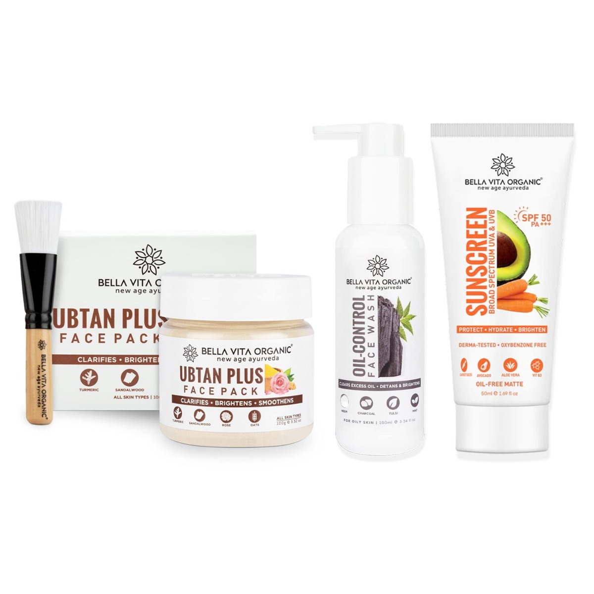 Bella Vita Organic Oil Control Face Wash 100ml, Ubtan Plus Face Pack 100gm, SPF 50 PA+++ Sunscreen, 50ml