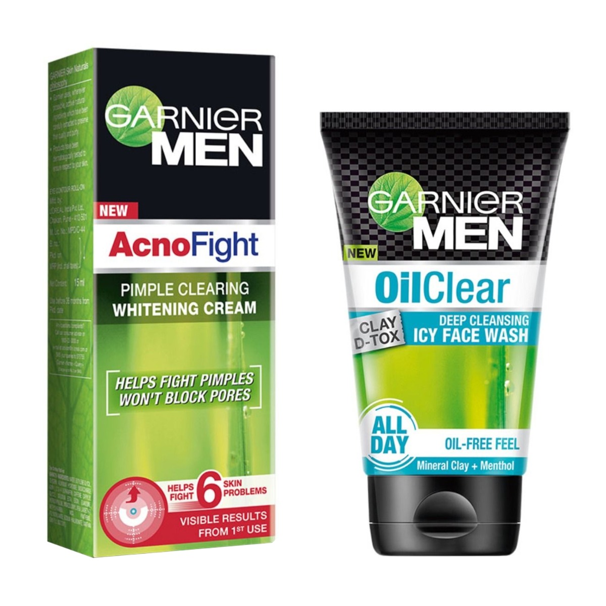 Garnier Men Acno Fight Pimple Clearing Whitening Day Cream, 45gm & Oil Clear Clay D-Tox Deep Cleansing Icy Face Wash, 100gm