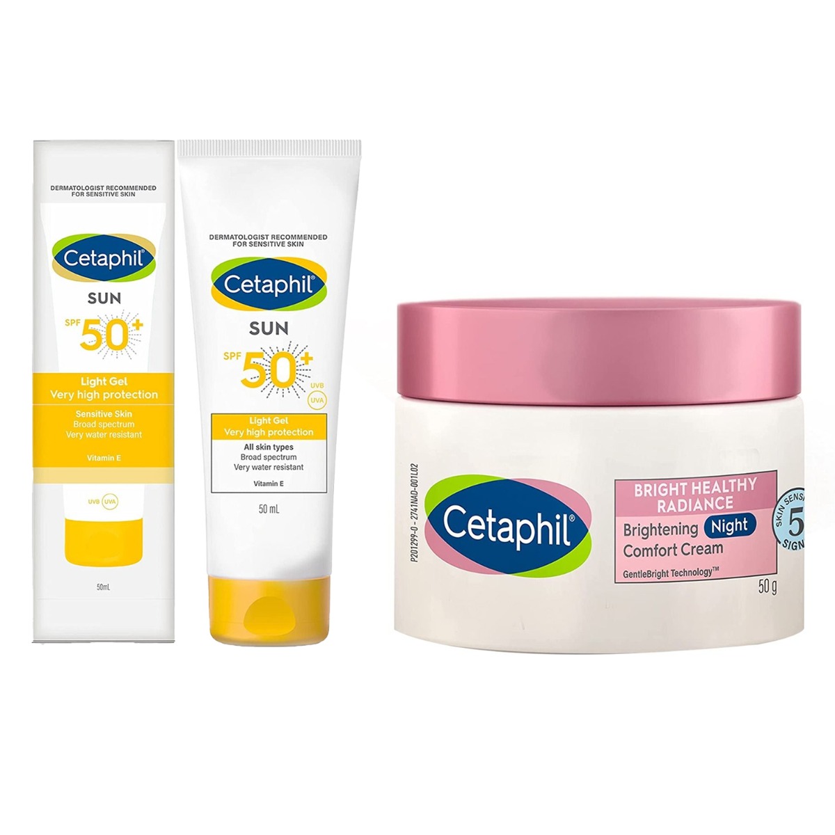 Cetaphil Sun SPF 50+ Very High Protection Light Gel, 50ml & Brightening Night Comfort Cream, 50gm