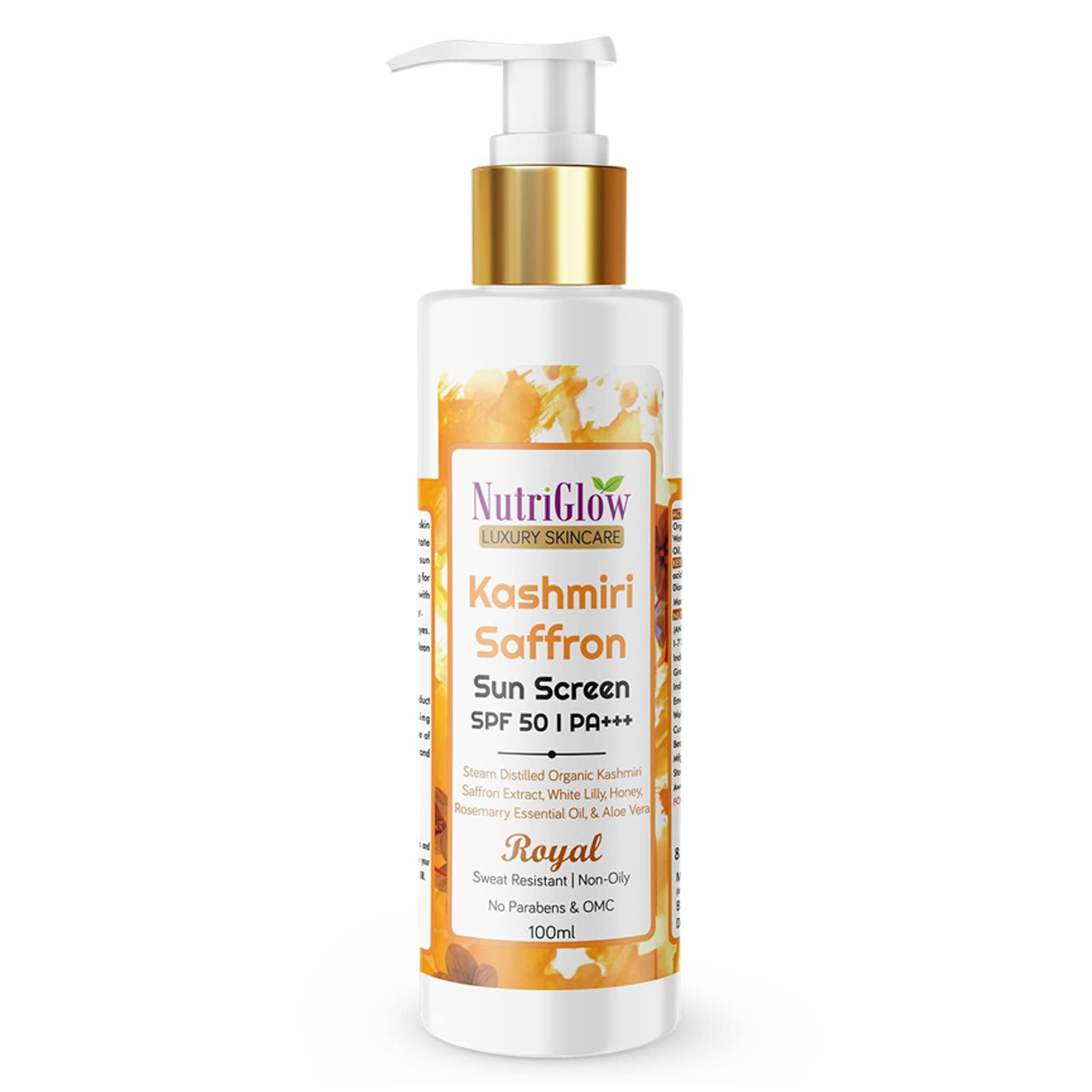 NutriGlow Luxury Skincare Kashmiri Saffron Sunscreen SPF 50 Pa+++, 100ml