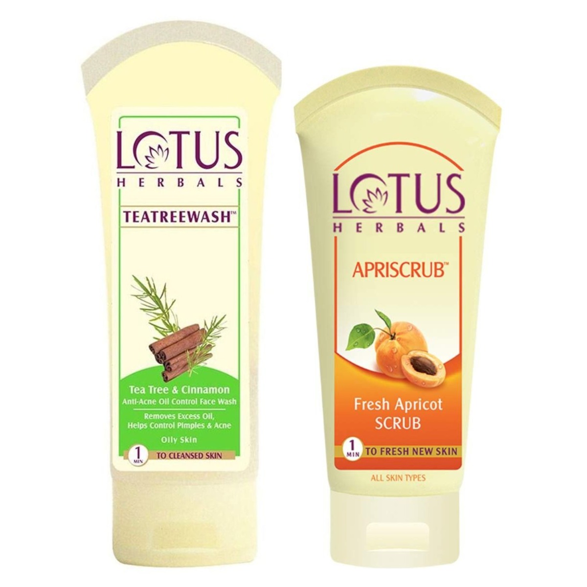 Lotus Herbals Apriscrub Fresh Apricot Scrub, 60gm & Tea Tree-Cinnamon Anti - Acne Oil Control Face Wash, 80gm