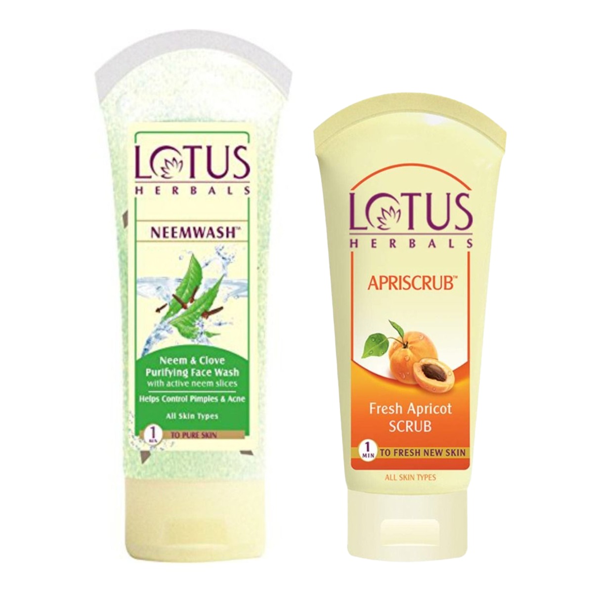 Lotus Herbals Apriscrub Fresh Apricot Scrub, 180gm & Neem and Clove Purifying Face Wash With Active Neem Slices, 120gm