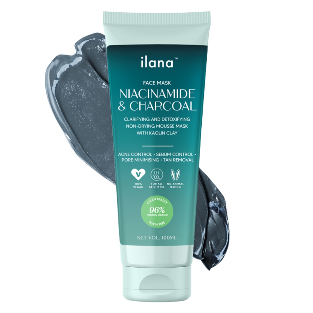 Ilana Niacinamide and Charcoal Face Mask, Clarifying and Detoxing Mousse with Kaolin Clay, 100ml