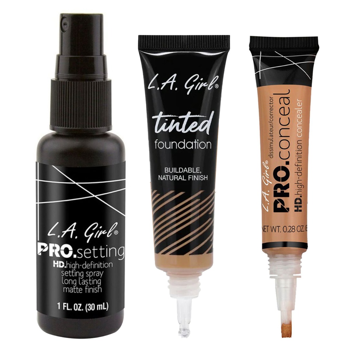 L.A. Girl Tinted Foundation - Tan 30ml, HD Pro Conceal 8gm-Almond & Pro Setting HD Matte Finish Spray 30ml