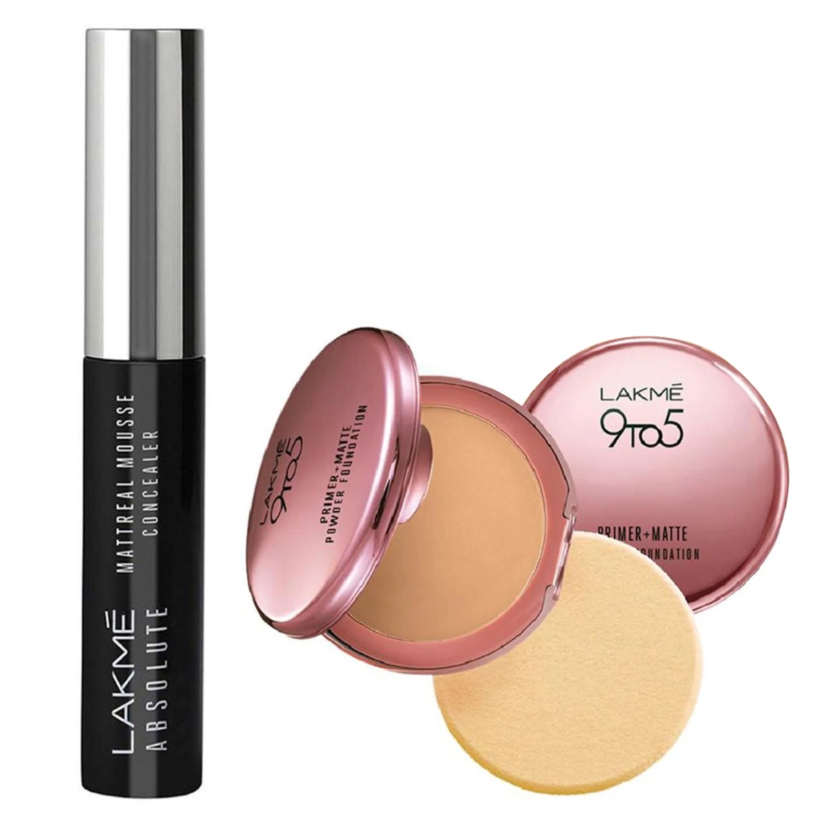 Lakme 9 to 5 Primer + Matte powder foundation - Silky Golden & Absolute Mattereal Mousse Concealer - Natural, 9gm Each