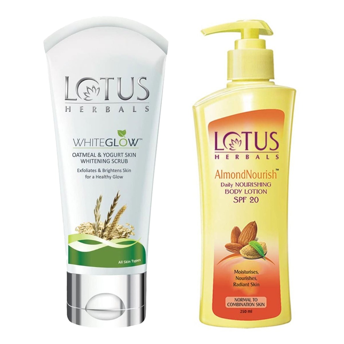 Lotus Herbals AlmondNourish Daily Nourishing Body Lotion SPF 20, 250ml & White Glow Oatmeal And Yogurt Skin Whitening Scrub, 100gm