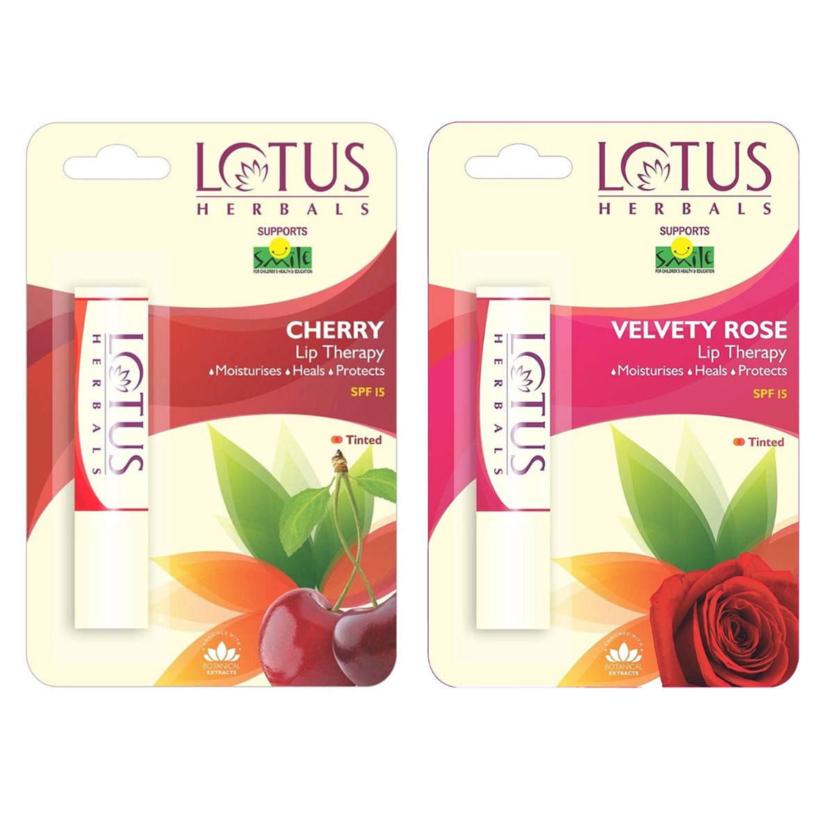 Lotus Herbals Velvety Rose & Cherry Lip Tinted Therapy SPF 15, 4gm Each