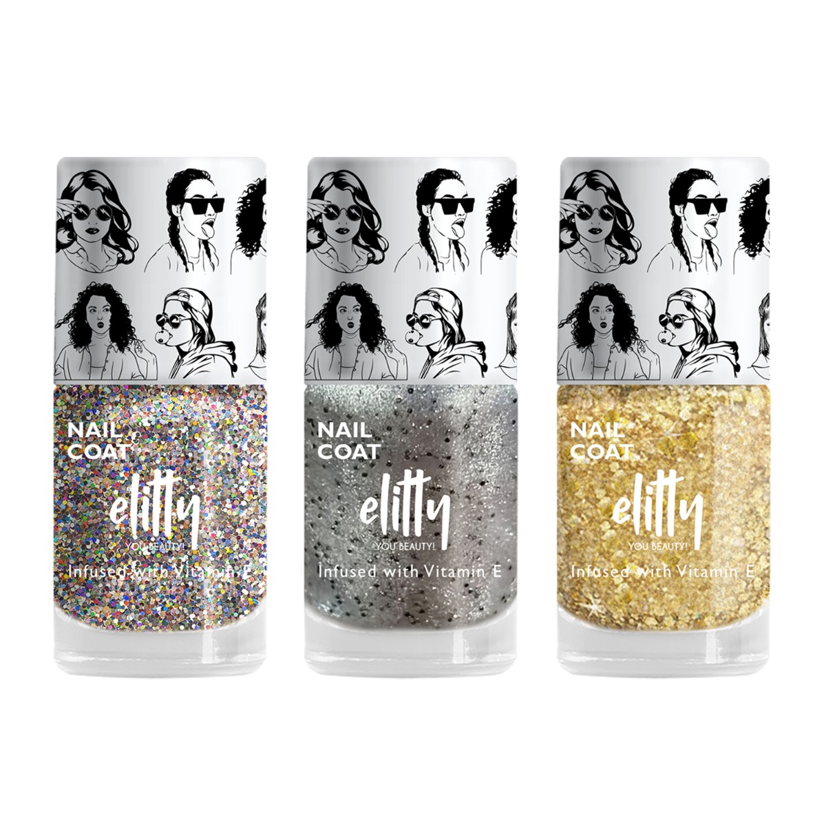 Elitty Mad Over Nails - Nail Coat - Shimmer Combo (It's A Vibe, Ice Breaker, Golden Hour), 6ml Each