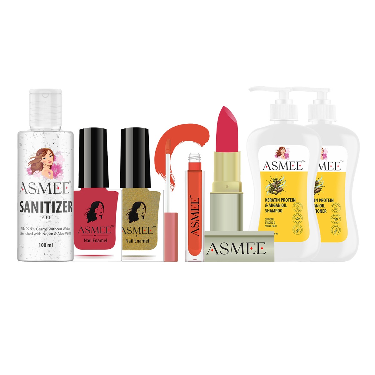 Asmee Cosmetic Hamper - Lipstick + Nail Polish + Shampoo + Conditioner + Sanitizer