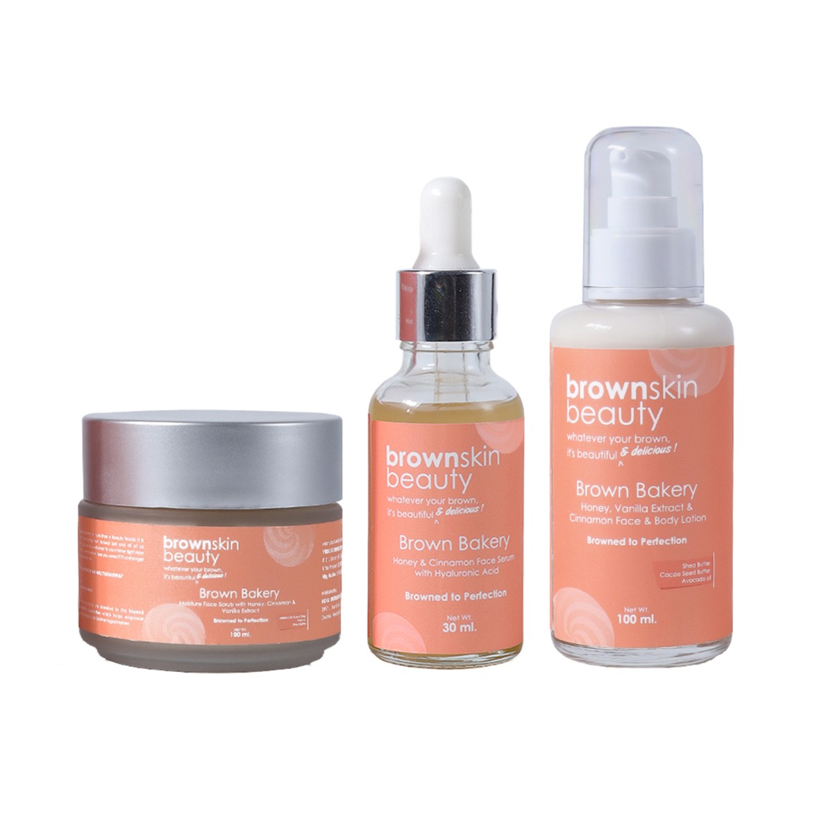BrownSkin Beauty Brown Bakery Face Serum, Face scrub & Face Body Lotion Combo
