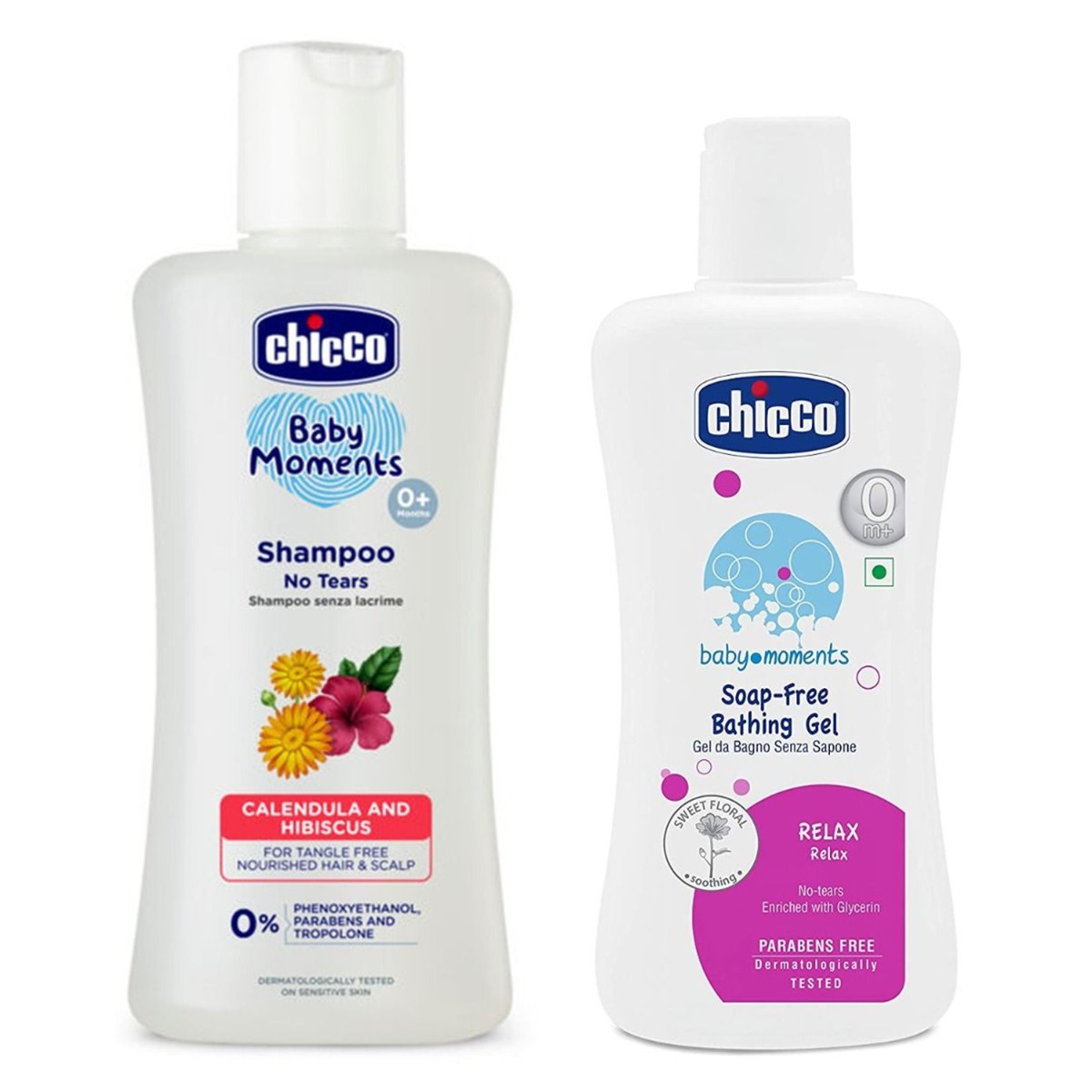 Chicco Baby Shampoo Calendula And Hibiscus & Soap Free Bathing Gel - Relax, 200ml Each
