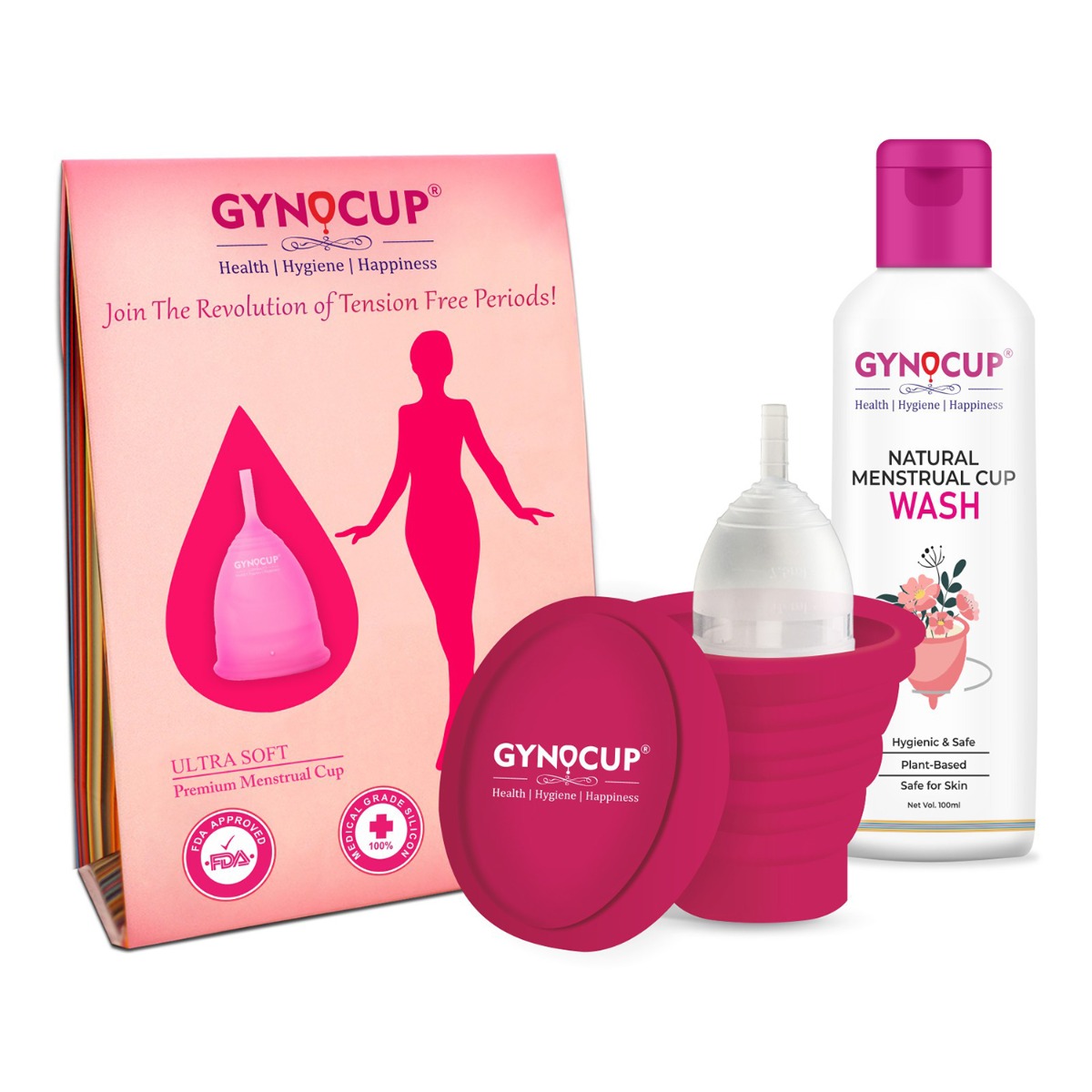 GynoCup Menstrual Cup For Women Transparent Small Size With Wash And Sterilizer Container - Kit