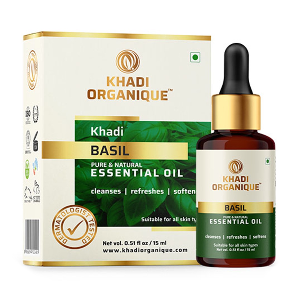 Khadi Organique Basil Pure & Natural Essential Oil, 15ml