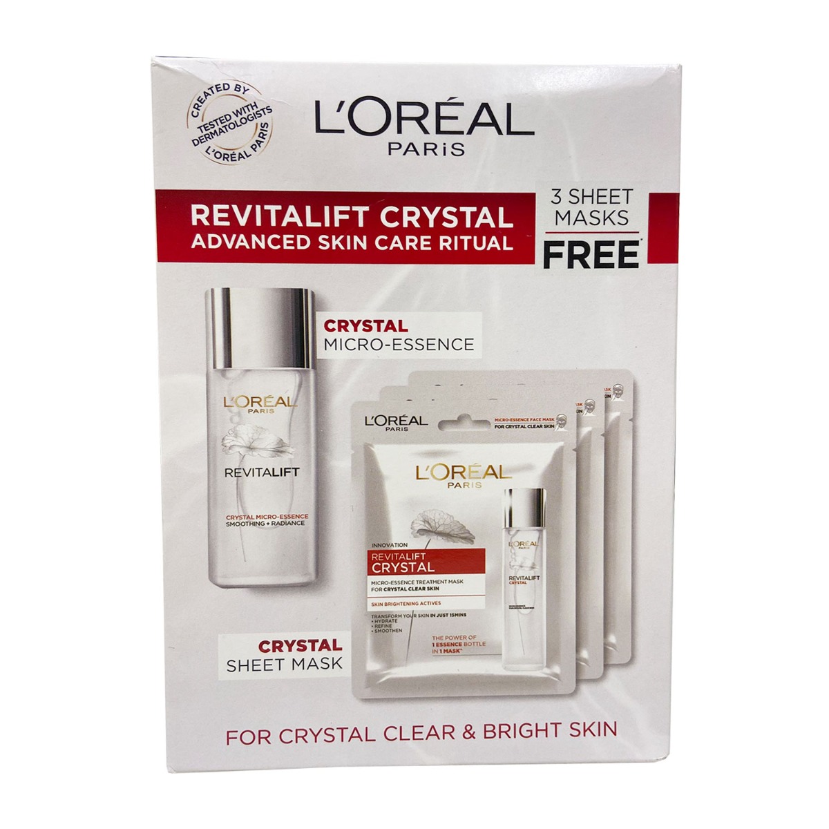 L'Oreal Paris Revitalift Crystal Micro-Essence and 3 Revitalift Pro Youth Sheet Masks Free
