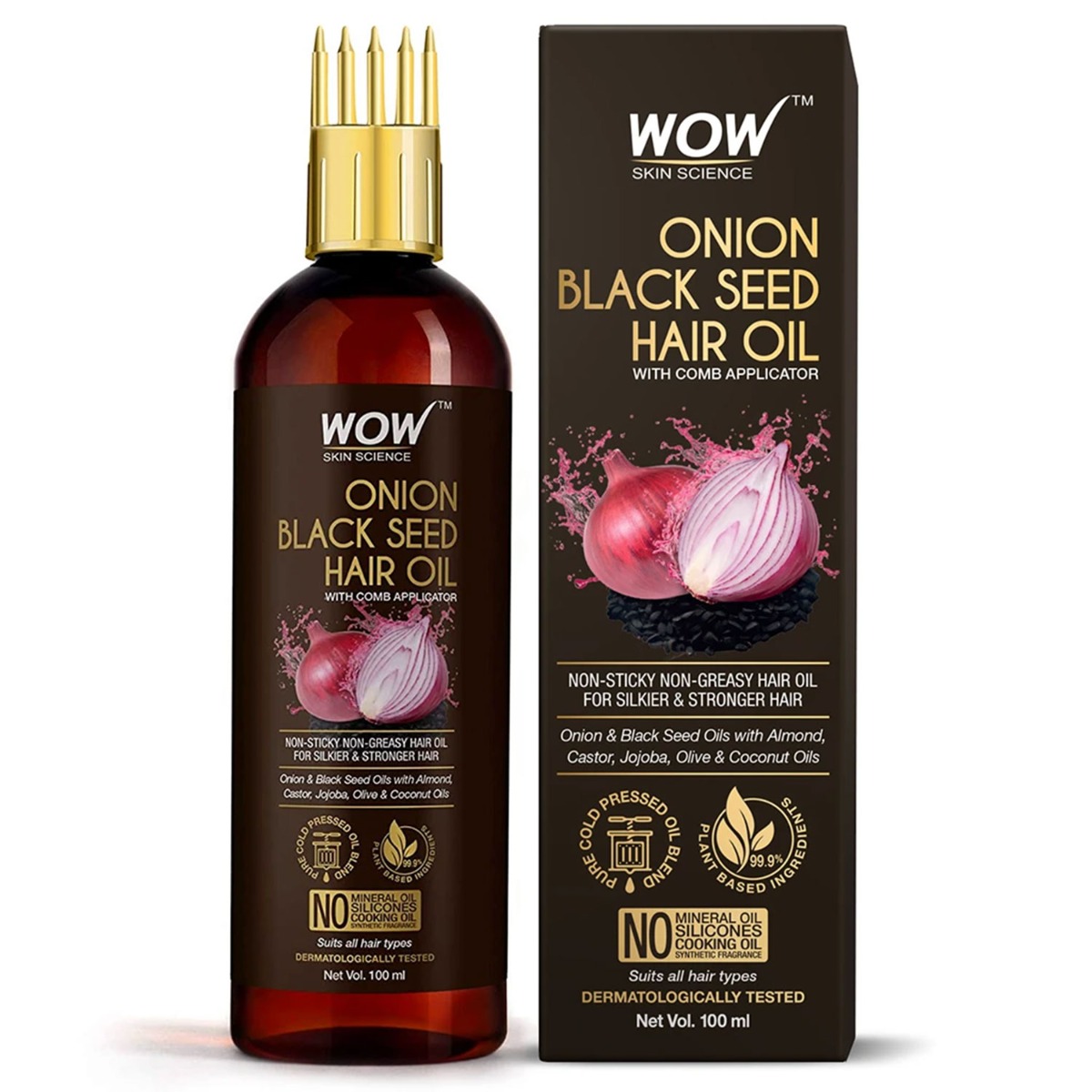 WOW Skin Science Onion Black Seed Hair Oil With Comb Applicator, 100ml