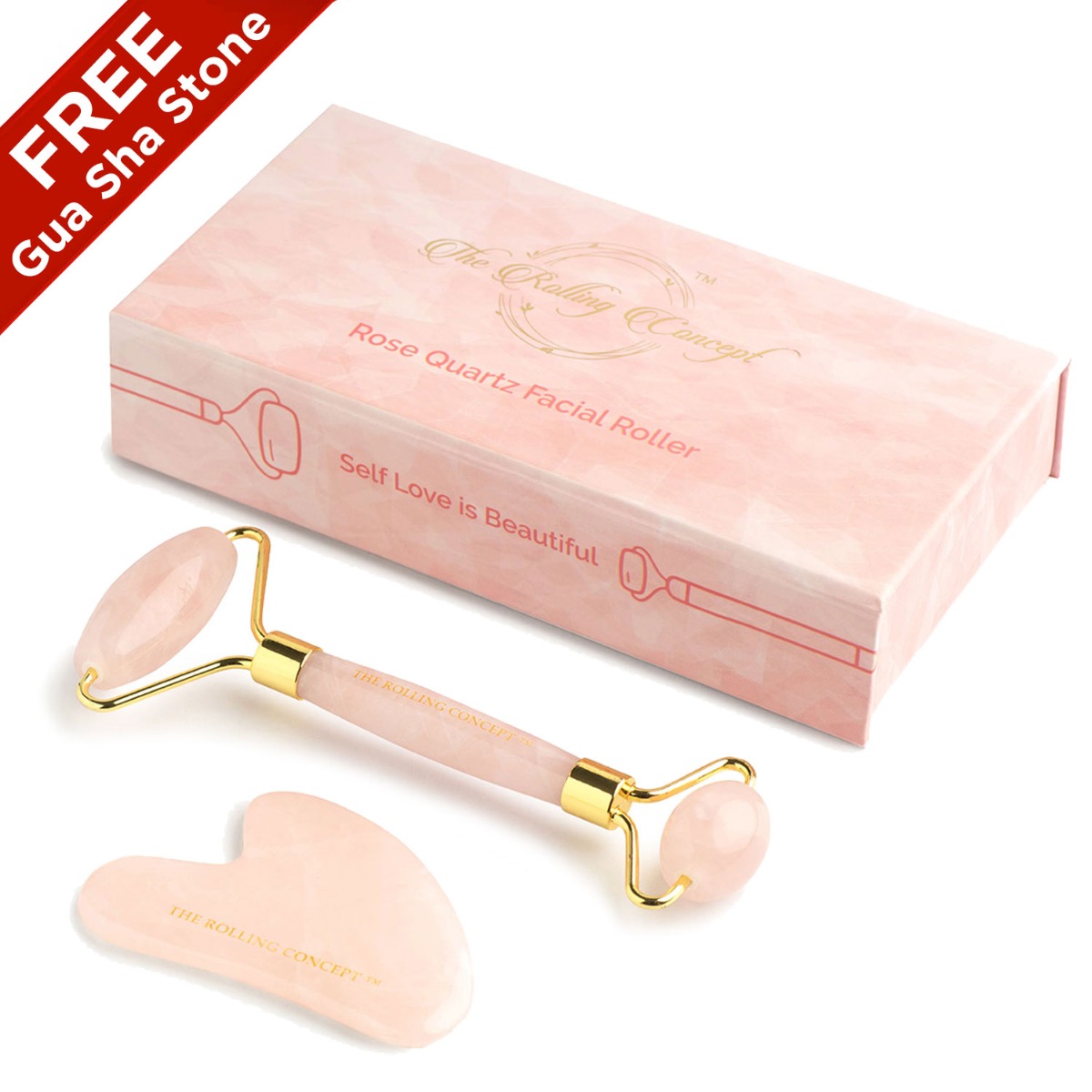 The Rolling Concept Rose Quartz Facial Roller with Free Rose Gua Sha Stone